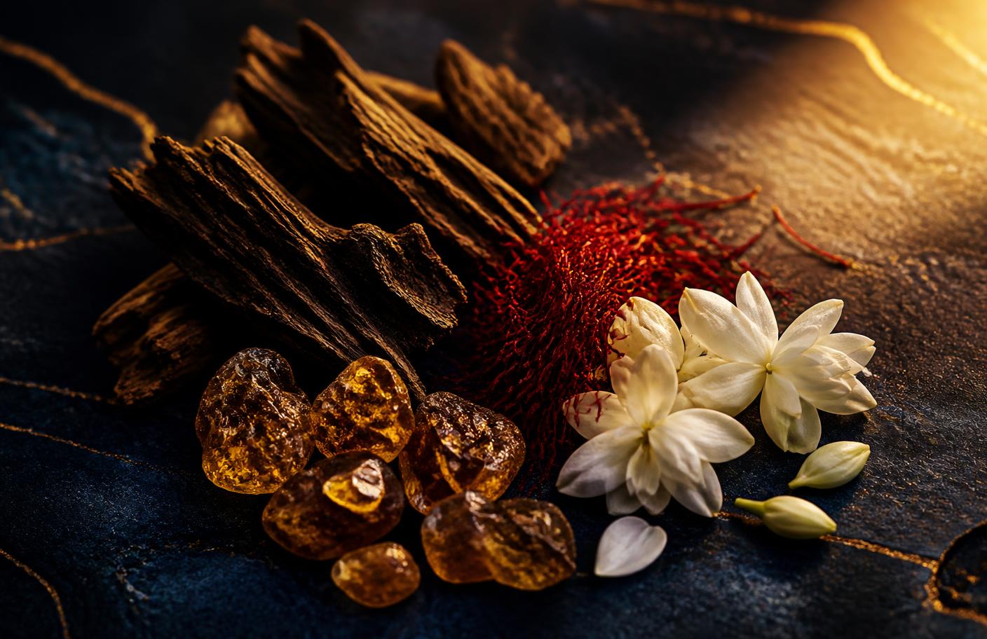 Oud, saffron, amber and jasmine raw materials